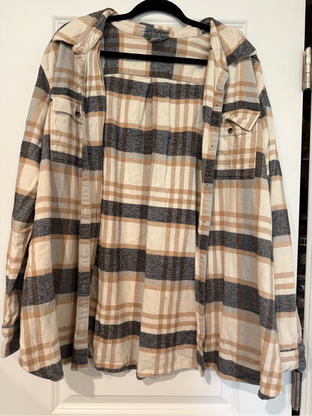 Beige & Gray Plaid Hooded Overshirt